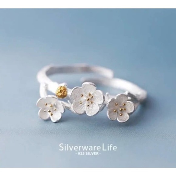 PLUM Blossom Ring  925 Sterling Silver, adjustable Cottagecore Boho Feminine - Picture 1 of 6